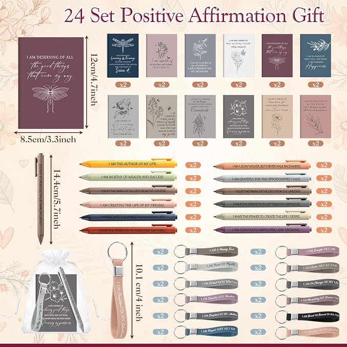 Mooliwe 24 Set Positive Affirmation Gift Set Gratitude Notebooks with Pens Keychains Small Bags Motivational Party Favors for Adult Women Coworkers Employee Group (Flower)