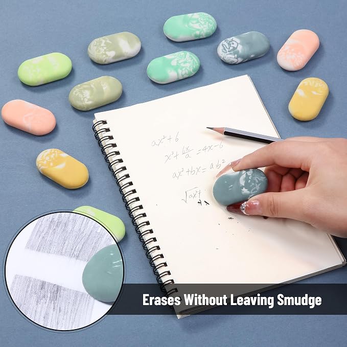 Mr. Pen- Marble Pencil Erasers, 12 Pack, 1" x 2" | Soft Rubber Marble Pencil Erasers for School, Office, Art Sketching, Homework, Exams, Clean Smudge-Free Correction
