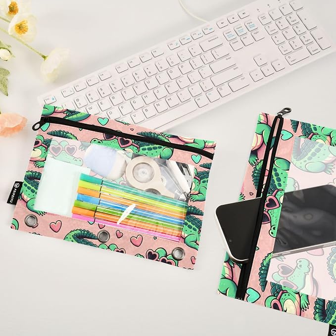 Alligator Crocodiles Pink Pencil Pouch for 3 Ring Binder 2 Pack Zipper Binder Pencil Bag Case with Clear Window Office School Supplies