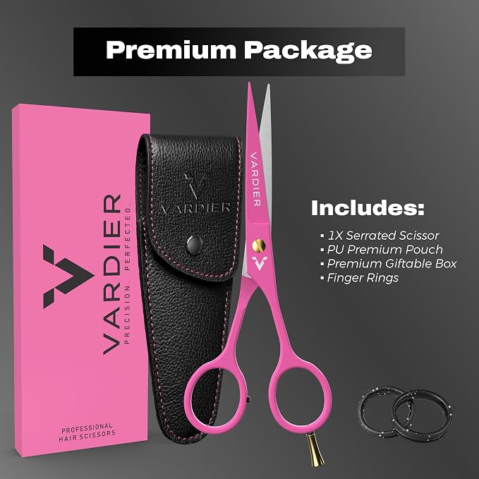 6.5” Hair Cutting Scissors – Professional Stainless Steel Barber Shears with Micro-Serrated Blades, No-Slip Precision Cut – Gift-Boxed with Leather Pouch for Salon & Home (Pink)