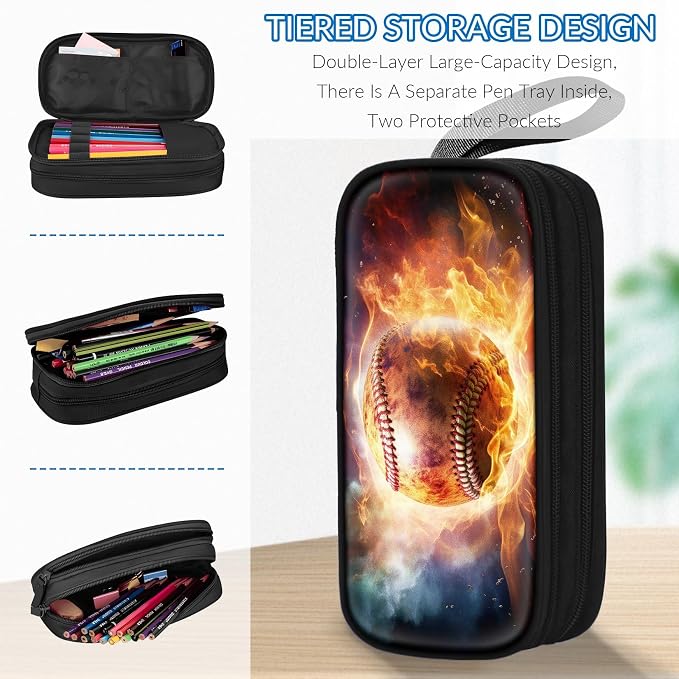 TILYTADLY Large Pencil Case for Boys - Baseball Boys Pencil Pouch with Zipper Compartments - Big Capacity Pen Box Pen Bag Organizer with Keychain for Kids Teens School