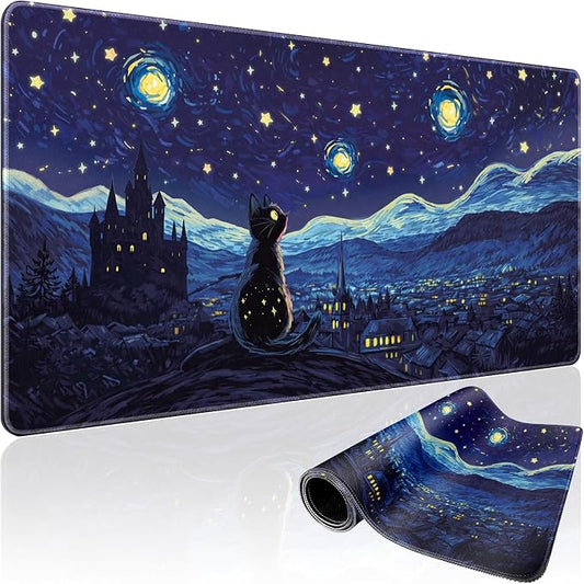 Starry Night Cat Large Mouse Pad, 31.5"x15.7" Desk Mat, Anti-Slip Rubber Base Keyboard Pad with Stitched Edges, Water-Resistant Smooth Desk Blotter, Computer Mat for Home Office Desk