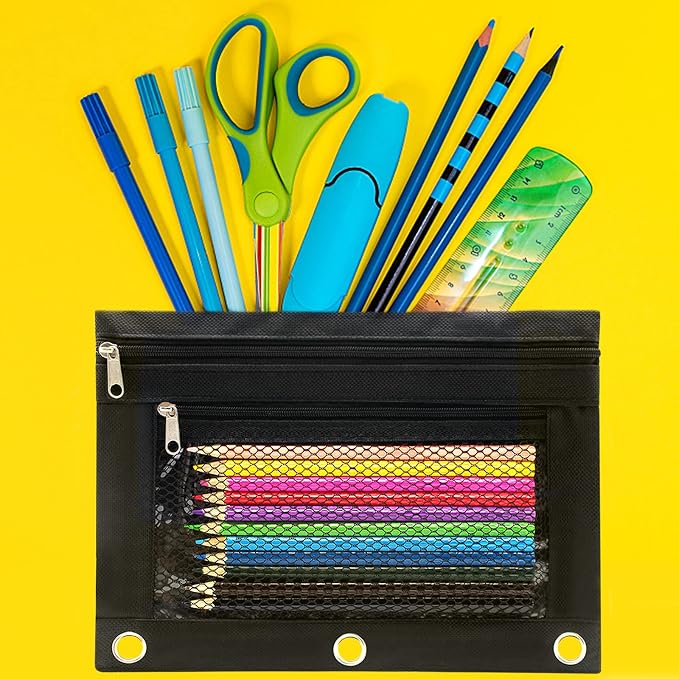 Pencil Pouch 3 Ring Binder Pouch Zippered Pencil Case Canvas Pencil Bag with 2 Compartments (Set of 2, Black)