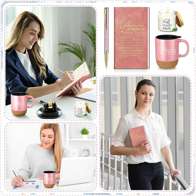 Vesici 4 Pcs Difference Maker Gift Set Mug Notebook Candle Pen,Pink,Word