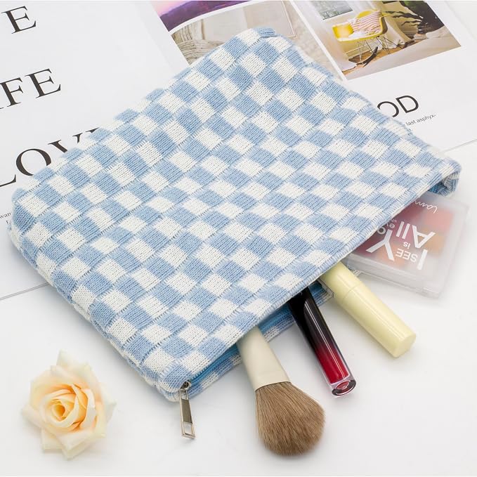 PAZIMIIK Checkered Makeup Bag for Purse, Small Flat Cosmetic Pouch,Blue | Cute Zipper Makeup Organizer for Women, Travel Essentials, Toiletries, Makeup Brushes, Beauty Accessories&Bridesmaid Gifts