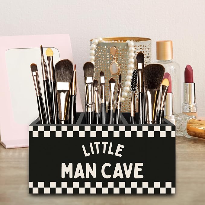 Boys Room Pen Pencil Holder Organizer for Desk, Little Man Cave Black Checkered Wooden Box Signs Decorations for Kids Boys Nursery Bedroom Playroom Desk Tabletop, Race Car Room Decor