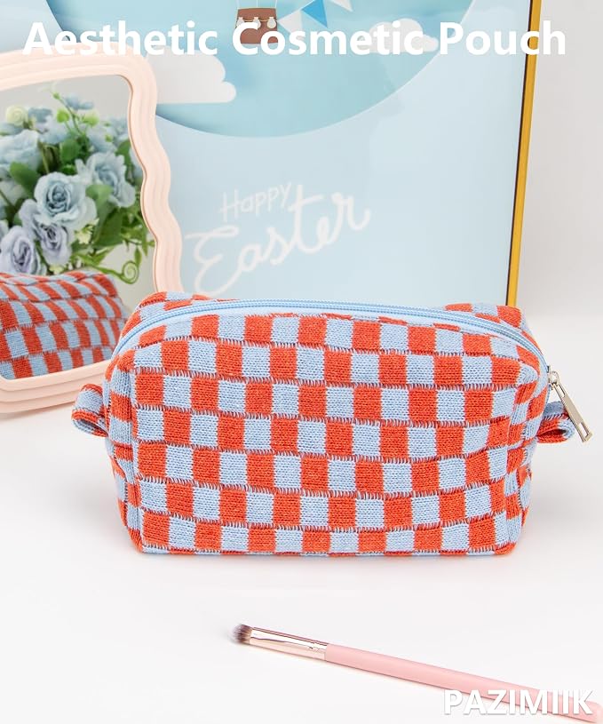 Checkered Makeup Bag for Purse, Small Travel Cosmetic Pouch,Orange Blue | Cute Zipper Makeup Organizer for Women, Travel Essentials, Toiletries, Makeup Brushes, Beauty Accessories&Bridesmaid Gifts