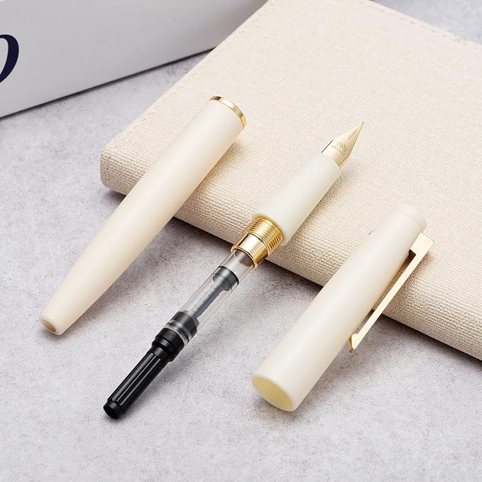 Jinhao 80 Ivory White Fiber Brushed Fountain Pen, Iridium Extra Fine Gold Nib with Ink Converter, Classic Design Smooth Writing Pen (Gold Clip)