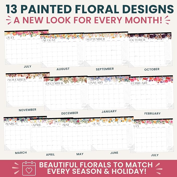 bloom daily planners Desk Calendar 2026-2027 - Academic Year Large Wall Calendar (July 2026 - July 2027) - 21” x 16” Desktop & Hanging Monthly Planner with Stickers for Home or Office - Seasonal Florals