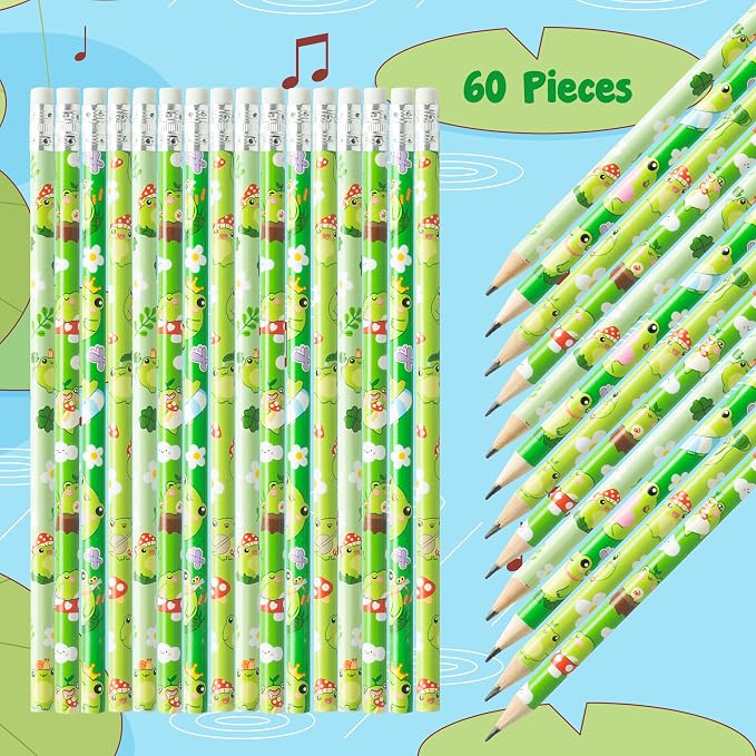 Xqumoi 60Pcs Frog Pencils with Eraser - Summer Frog #2 HB Pencils, Back to School Classroom Student Rewards, Back to School Office Supplies, Party Goodie Bag Fillers Stuffers, Birthday Party Favors