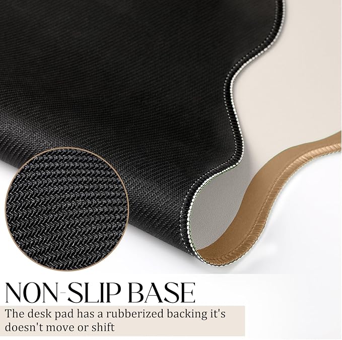 Hahafelt Scalloped Desk Mat Large Desk Pad Cute Coquette Table Mat Back to School Preppy Table Make up Pad Nonslip Graduation Gift with Stitching Waterproof Gaming(Beige,31.5 x 15.8 Inches)