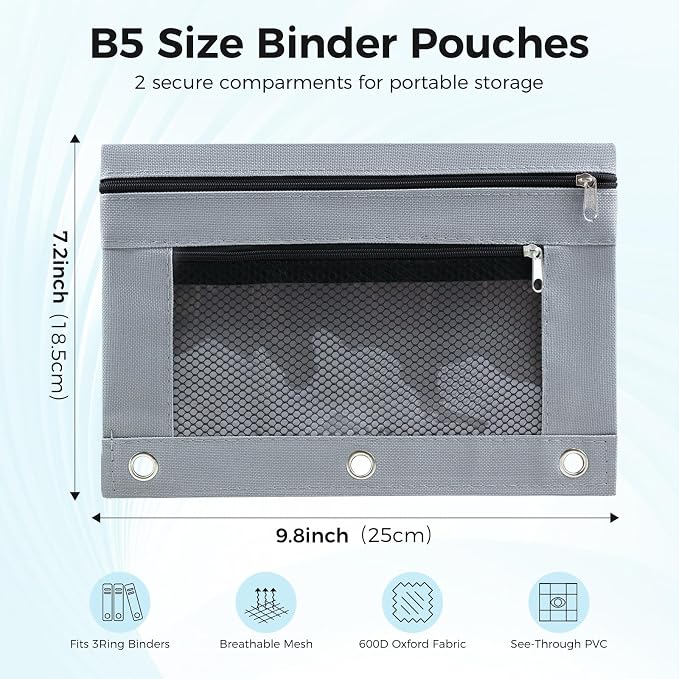 Pencil Pouch for 3 Ring Binder, Pencil Case Bag with Zipper, 600D Fabric Pencil Pouch Holder Accessories, Clear Window Pencil Case Aesthetic Back to School Organizer Pockets for Boy Girl (Grey)