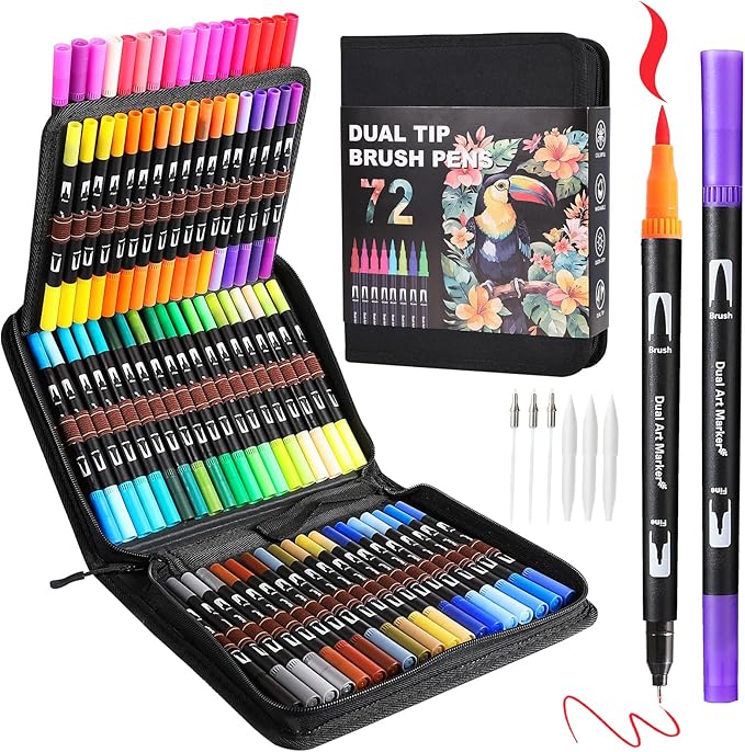 TOSHARE 72 Colors Brush & Fine Dual Tip Watercolor Markers for Adult Coloring Books No Bleeding Paint Pens For Drawing Note Taking Planner Calligraphy Journaling Card Making Back-to-School Supplies