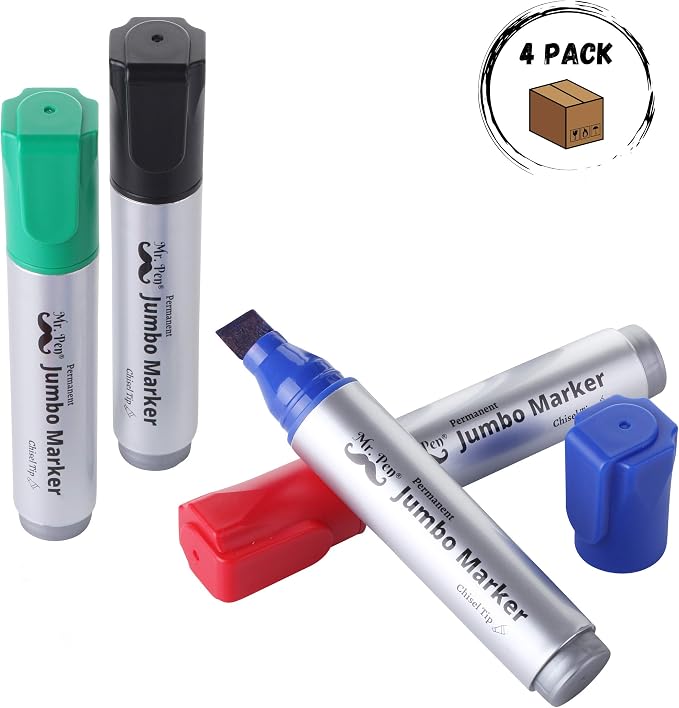 Mr. Pen- Jumbo Permanent Markers, 4 Pack, Assorted Color, Chisel Tip | Wide Tip, Large, Thick Permanent Markers for Canvas, Posters Board, Fabric, Window, Glass, Wood, Waterproof, Quick Dry