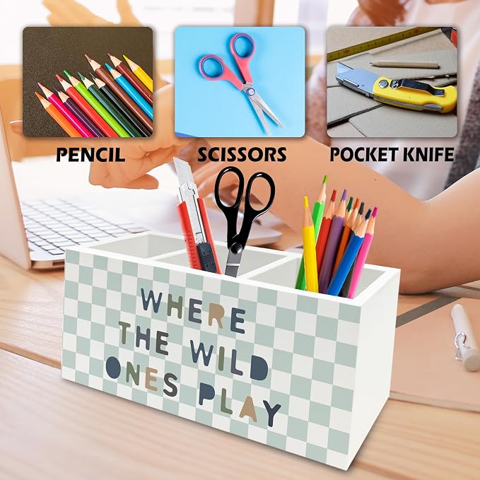 Kids Playroom Boho Pen Pencil Holder Organizer for Desk, Boy Girl Nursery Checkered Wooden Box Signs Decorations for Kids Room Playroom Classroom Desk Tabletop, Boys Girls Room Decor