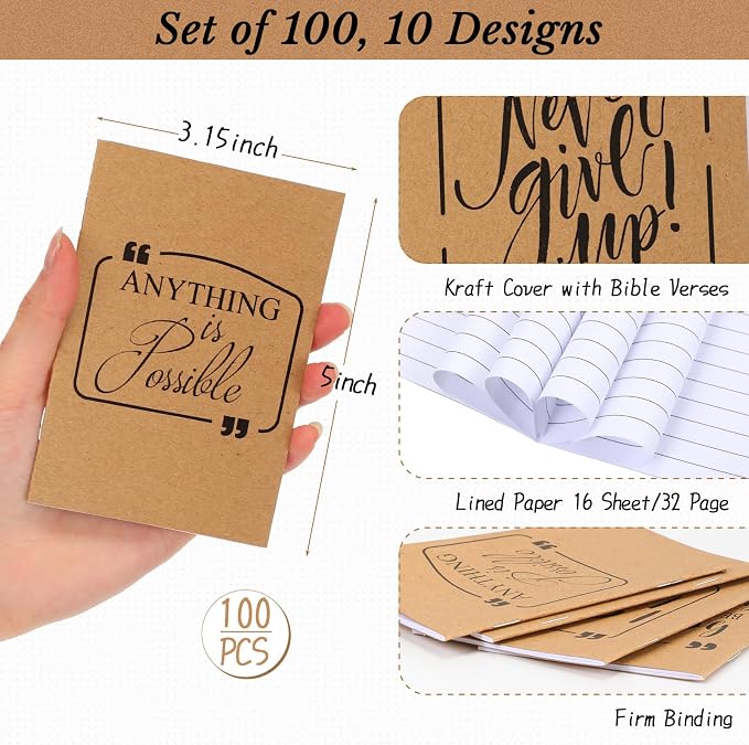 Fulmoon 200 Pcs Motivational Pens Inspirational Notebooks Gifts Bulk Inspirational Ballpoint Pen Small Note Pads Appreciation Gifts for Employee Nurse Volunteer Teacher Back to School (Brown)