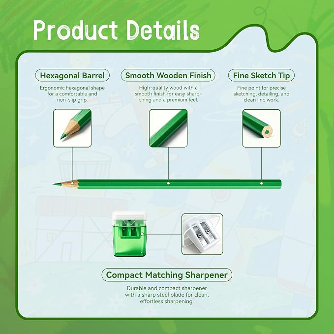 24 Piece Green Colored Pencils Set with Sharpener, Pre-Sharpened Professional Wooden Art Pencils for Artists Drawing and Sketching, Premium Colored Tone Supplies Delivering Detailed Painting(Green)