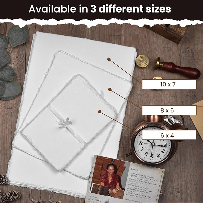 LEATHER VILLAGE Offwhite Deckled Edge Watercolor Paper 25 Sheets 6x8 Inches | Handmade cotton rag paper in natural offwhite tone, 150 GSM thick for calligraphy, letter writing, invitations and ink art