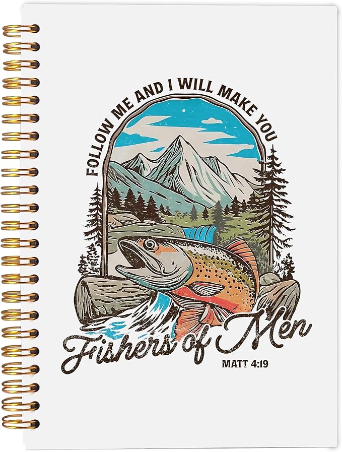 Trout Fish Christian Notebook Journal, Matthew 4:19 Bible Notebook for Note Taking, Christian Gifts for Women Men, Fishers of Men Religious Spiral Journal 5.5x8.3 Inch