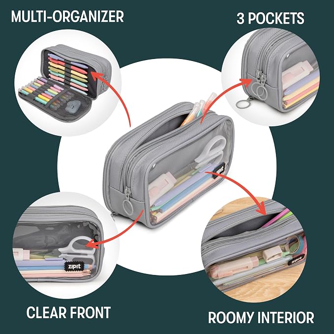 ZIPIT Half & Half Pencil Case, 3 Compartment Zipper Pouch for School, Stationery Bag for Teen Girls Boys and Adults, Grey
