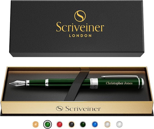 Scriveiner Personalized British Racing Green Fountain Pen - Stunning Green Lacquer Luxury Pen w/Chrome Finish, German Schmidt Nib (Medium), Best Engraved Pen Gift Set for Men & Women, Name Engraving