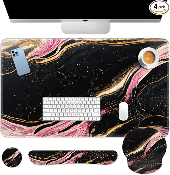 Britimes Pink Black Gold Marble Keyboard Mouse Pad Set 4in1 Large Mousepad+Keyboard Wrist Rest+Mouse Wrist Rest+Coaster Ergonomic Design for Home Office Computer 35.4x15.7 inches