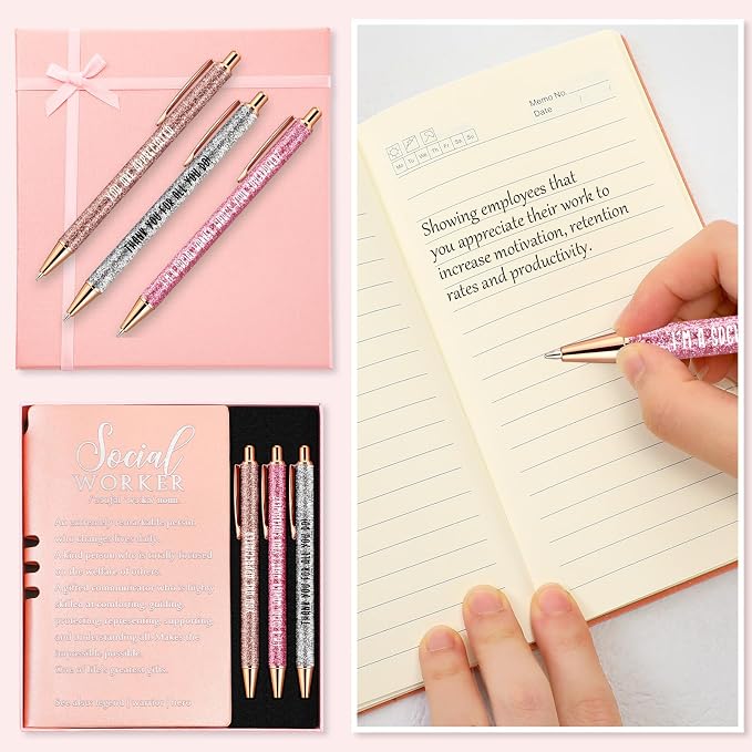 Resurhang 5 Pcs School Social Worker Must Haves Office Supplies Gift Leather Journal Notebook 3 Ballpoint Pens with Box Thank You Social Work Appreciation Gift for BSW MSW DSW(Pink)