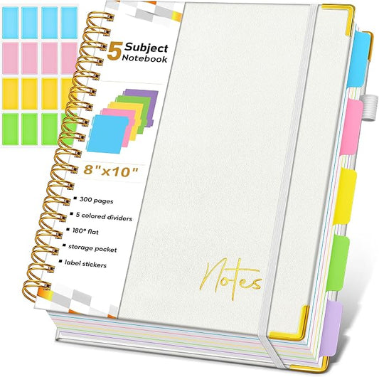 5 Subject Graph Paper Notebook with Removable Dividers Tabs, 300 Pages Hardcover Leather Grid Spiral Journal, 8"x10" B5 Large Graphing Notebooks for Women Men Work School College Engineering, White