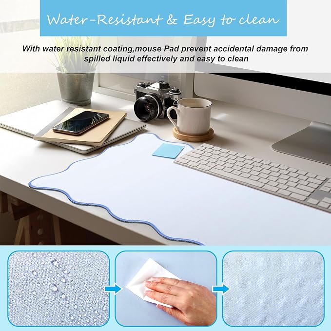 Hahafelt Scalloped Desk Mat Large Desk Pad Cute Coquette Table Mat Back to School Preppy Table Make up Pad Nonslip Graduation Gift with Stitching Waterproof Gaming(Blue,36 x 17 Inches)