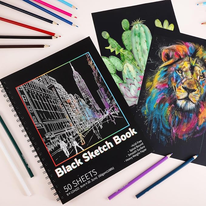 Black Paper Sketchbook 2 Pack, 9 × 12 in, 100 Sheets, 160gsm Spiral Bound | Acid-Free 108 Lb Black Paper, Left Spiral Tear-Out Pages, Hardcover for Drawing, Chalk, Gel Pens And Mixed Media