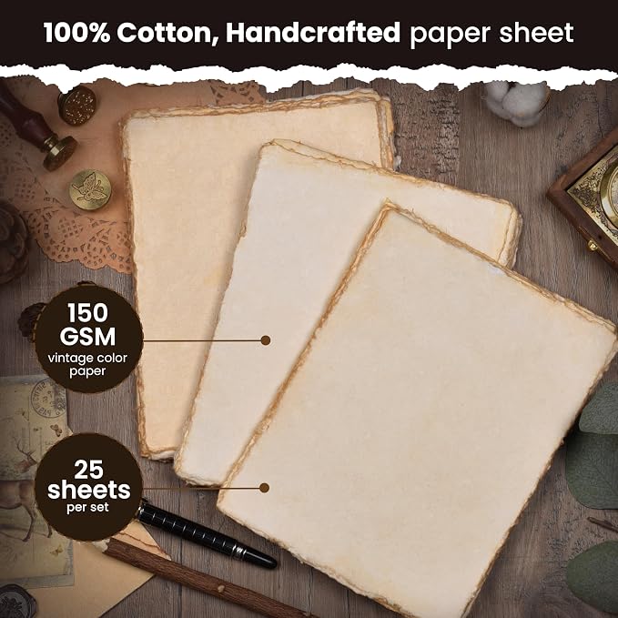LEATHER VILLAGE Vintage Deckled Edge Watercolor Paper 25 Sheets 4x6 Inches | Handmade cotton rag paper with antique old look, 150 GSM thick for calligraphy, letter writing, invitations and ink art