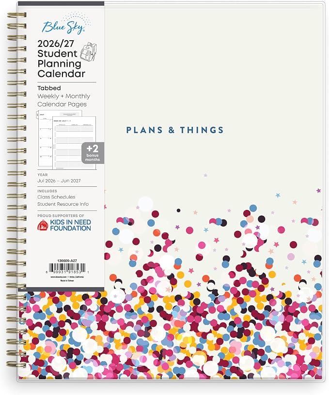 Blue Sky 2026-2027 Weekly and Monthly Academic Year Student Planner Calendar, July 2026 - June 2027, 8.5" x 11", Flexible Cover, Wirebound, Laminated Tabs, Star Confetti Bright