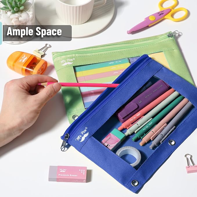 Mr. Pen- Pencil Pouch for 3 Ring Binder, 2 Pack, 10"x6.75", Smooth Zipper | Clear Window, Large Capacity Pencil Case with 3 Reinforced Grommets for School, Office, Supplies Storage | Clear Window, Large Capacity Pencil Case with 3 Reinforced Grommets f...
