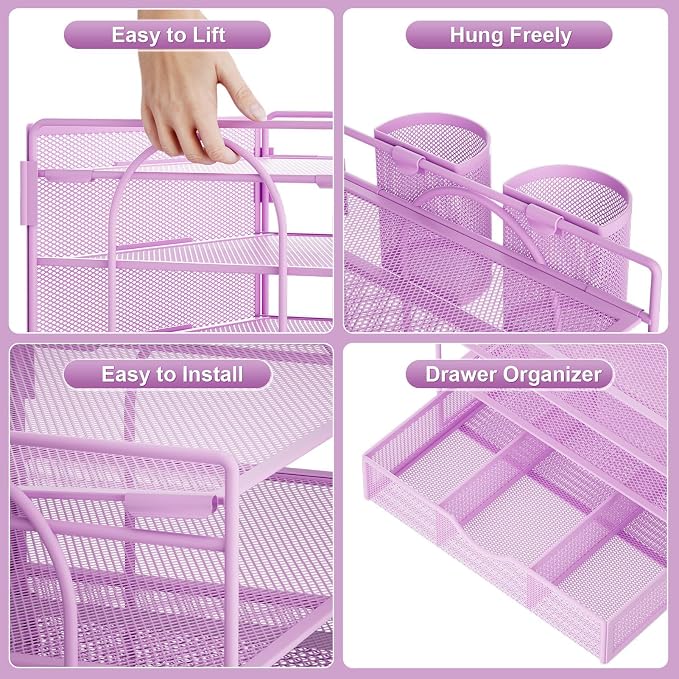 Marbrasse Desk Organizer and Accessories, 4-Tier Paper File Letter Tray Accessories & Workspace Desk Organizers with Drawer and 2 Pen Holders for School Home Office Supplies (Purple) 2Pack