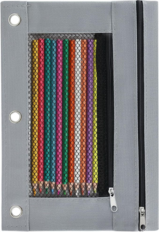 Pencil Pouch for 3 Ring Binder, Pencil Case with Zipper, 600D Fabric Pencil Pouch Bag Holder Accessories, Clear Window Pencil Case Aesthetic Back to School Organizer Pockets for Boy Girl (Grey)