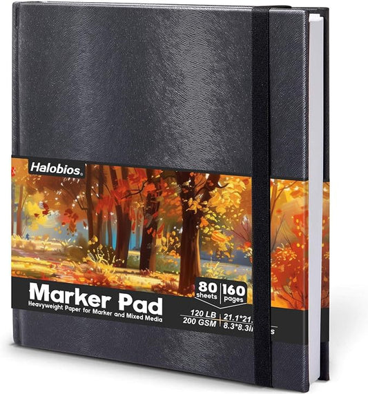 Halobios Square Sketchbook for Drawing, 120 lb/200 GSM Mixed Media Sketchbook, 80 Sheets/160 Pages Portable Marker Drawing Paper Sketch Book for Alcohol Markers, Artists, Beginners（8.3”x8.3”）