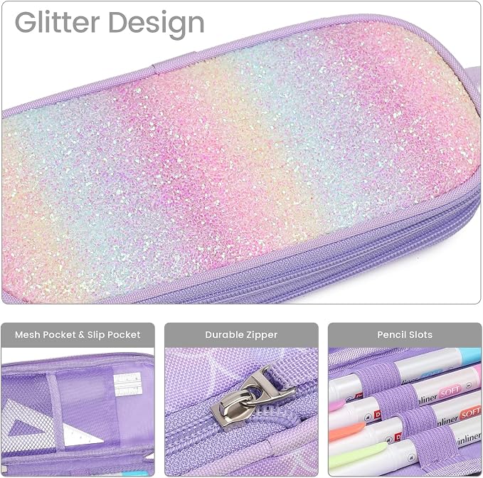 Bagseri 2 Pack Pencil Case for Boys Girls - Cute Pencil Pouch for Kids Pencil Box Large Capacity Pencil Bag Organizer for School (Purple Mermaid and Black Dinosaur)