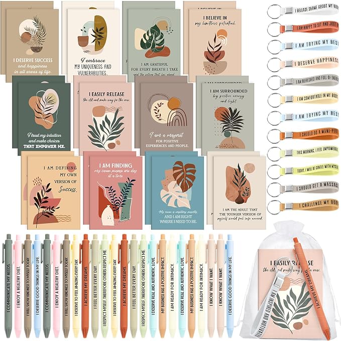 Mooliwe 24 Set Positive Affirmation Gift Set Gratitude Notebooks with Pens Keychains Small Bags Motivational Party Favors for Adult Women Coworkers Employee Group (Plant)