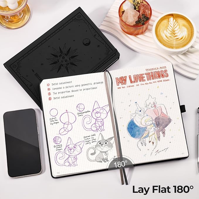EMSHOI Dotted Journal Notebook, 320 Pages, A5 Size (5.7'' x 8.3'') | Leather Hardcover, 100 GSM Thick Paper, for Journaling, Planning, Tracking & Sketching, Sun Debossed (Black)