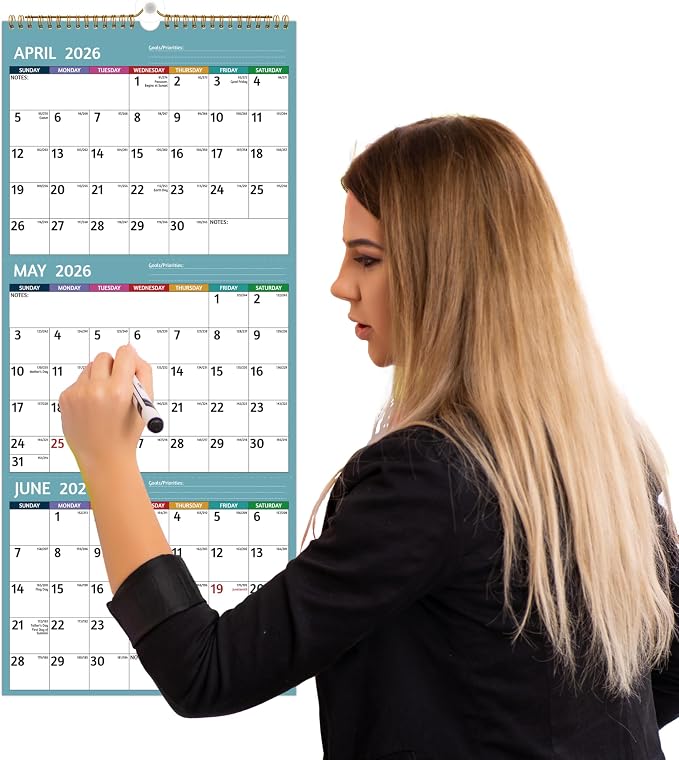 Wall Calendar 2026-2027 - 3 Month Calendar 2026-2027 Vertical, Apr 2026 - Jul 2027, 3 Month Wall Calendar, 11 x 26 In Open, 2026 Calendar with Large Print, Holidays, Thick Paper, Priorities ＆ Notes