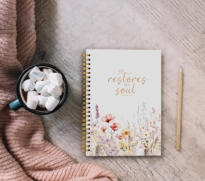 Christian Floral Spiral Notebook Journal 5.5x8.3 Inch | Prayer Journal for Women,Bible Journaling Notebook,PSALM 23:3 He Restores My Soul Religious Lined Hardcover Spiral Notebook