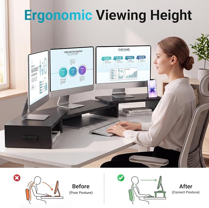 BONTEC Triple Monitor Stand Riser with Smartphone Holder, Adjustable Length & Swivel Angle, Ergonomic Wooden Desktop Organizer for PC Monitor, Laptop, Printer, Large Storage, 53.3 in, Black