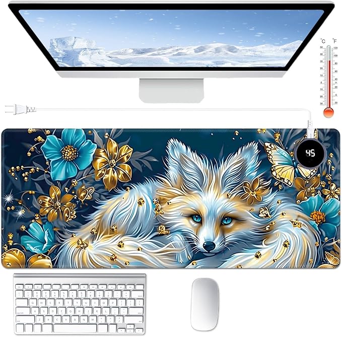 Heated Desk Pad Large Mouse Pad 31.5 x 13 inch with 3 Levels Heating & Auto Shut-Off Warm Mouse pad PU Leather Computer Mousepad for Home Office Work - White Fox and Butterflies