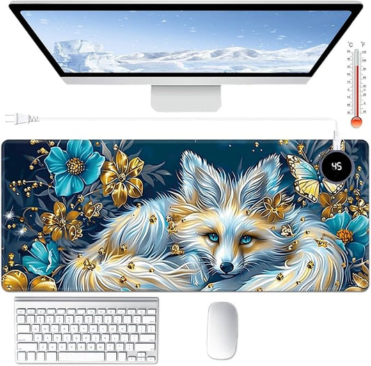 Heated Desk Pad Large Mouse Pad 31.5 x 13 inch with 3 Levels Heating & Auto Shut-Off Warm Mouse pad PU Leather Computer Mousepad for Home Office Work - White Fox and Butterflies