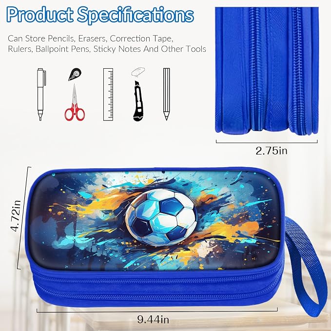 TILYTADLY Large Pencil Case for Boys - Soccer Boys Pencil Pouch with Zipper Compartments - Big Capacity Pen Box Pen Bag Organizer with Keychain for Kids Teens School