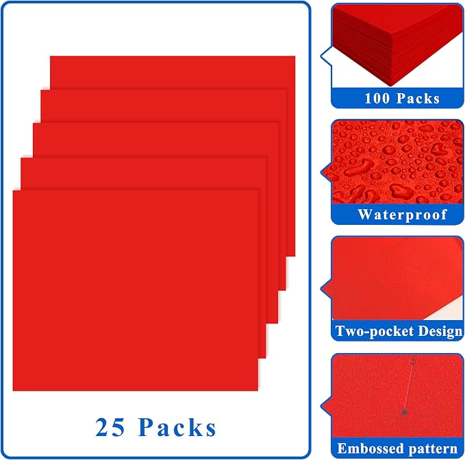 Zzrywuty File folders with Pockets,Red Two folders for documents,25 Pack Paper Folders with Card Slot,Letter Size,School Students,Business,Home and Office Workers