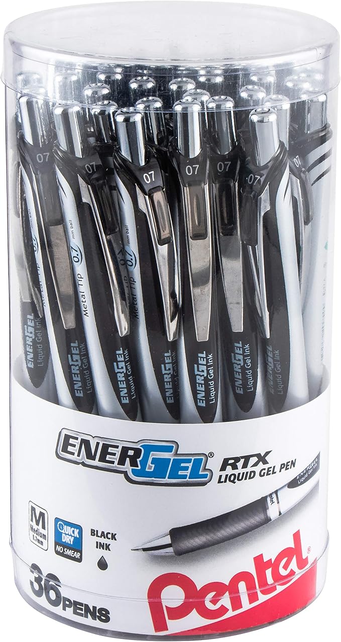 Pentel EnerGel RTX Retractable Liquid Gel Pen Canister, Black Ink (BL77PC36A) (Pack of 1, 36 Count Total)