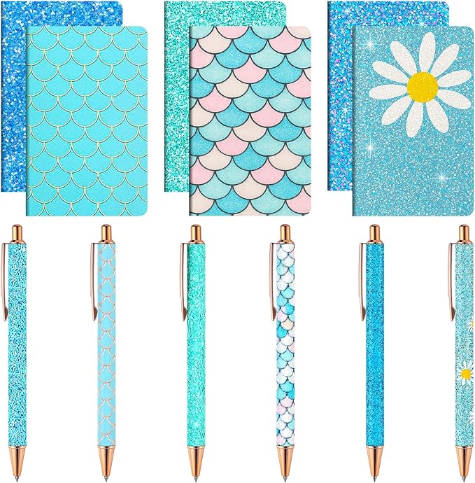 12 Set Cute Mini Notebook and Fancy Pen Gift Set for Women 6 Mini Glitter Pocket Notepad 6 Cute Sparkly Glitter Pen for Girl Office First Day of School Mother's Day Christmas Graduation(Blue)