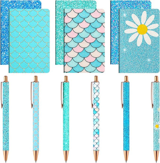 12 Set Cute Mini Notebook and Fancy Pen Gift Set for Women 6 Mini Glitter Pocket Notepad 6 Cute Sparkly Glitter Pen for Girl Office First Day of School Mother's Day Christmas Graduation(Blue)