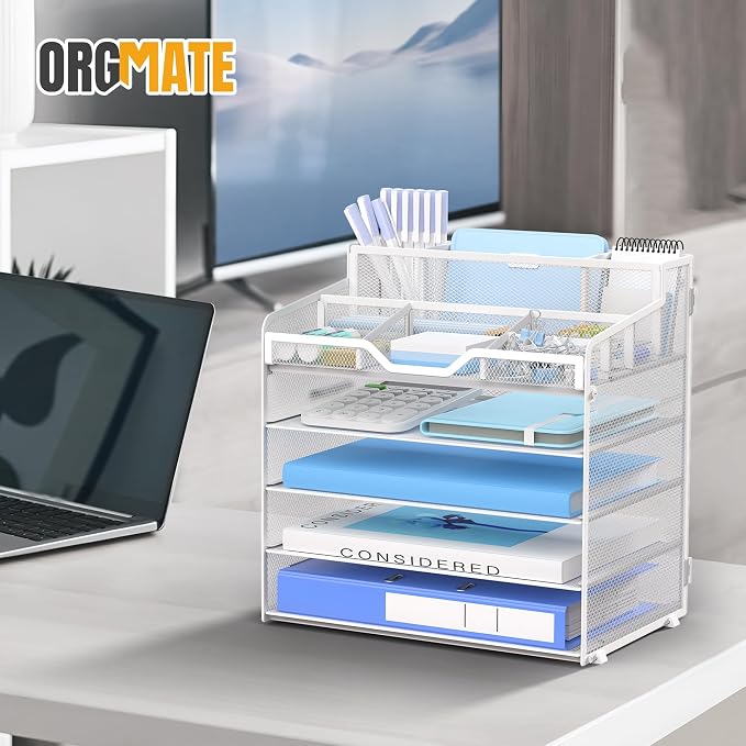 5 Tier Mesh Desk Organizer,Multi Functional Letter Paper Tray with 3 Pen Holders and 5 Adjustable Storage Compartments for Office Supplies Files and Mail Space Saving Desktop Organizer-White